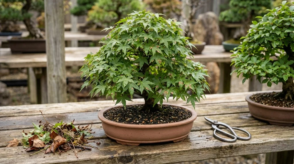 Japanese maple bonsai with spotted leaves, damp soil, and fallen debris during a disease-prevention inspection.