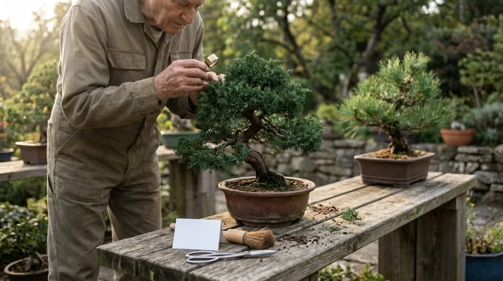 Bonsai grower checking juniper foliage as part of a regular pest prevention routine.