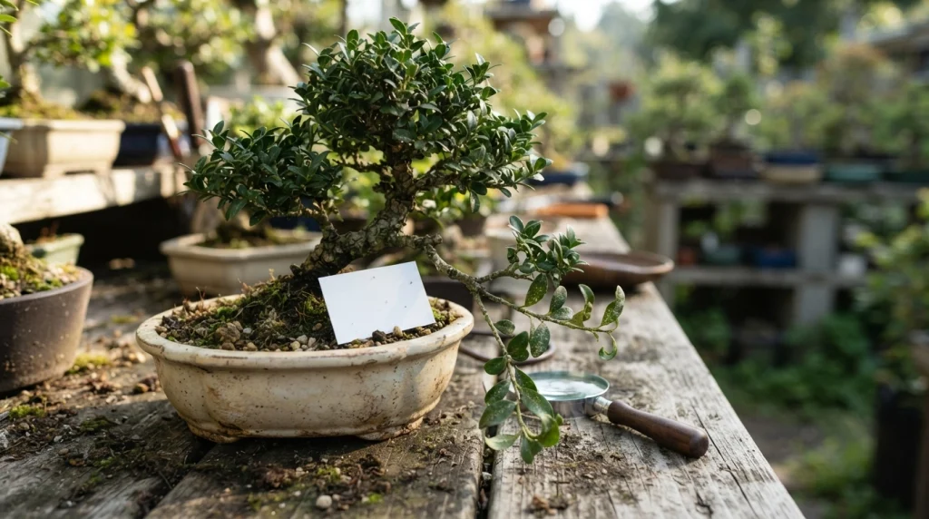 Boxwood bonsai pest inspection showing a magnifying glass and leaves with possible insect damage.