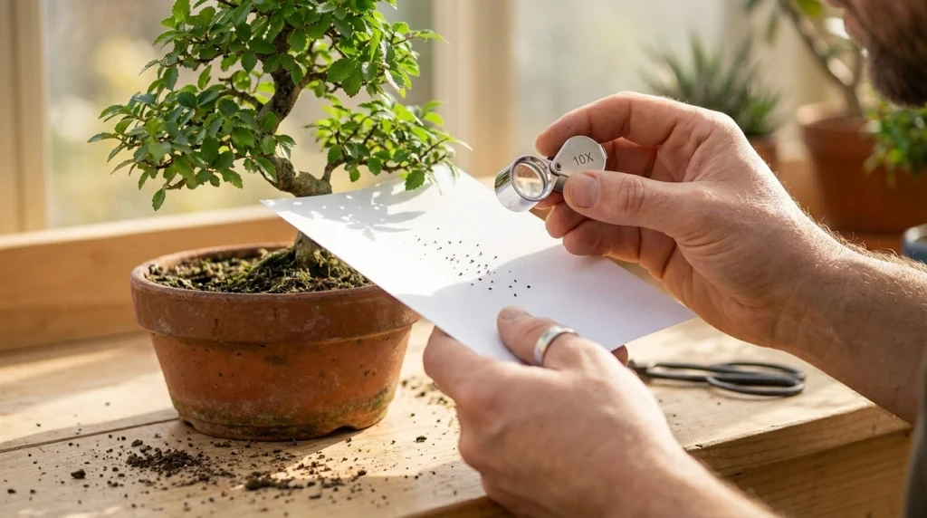 Gardener holding white paper under a bonsai branch to check for spider mites.