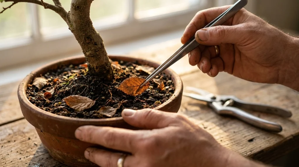 Close-up of tweezers removing a dead leaf from bonsai soil for disease prevention.