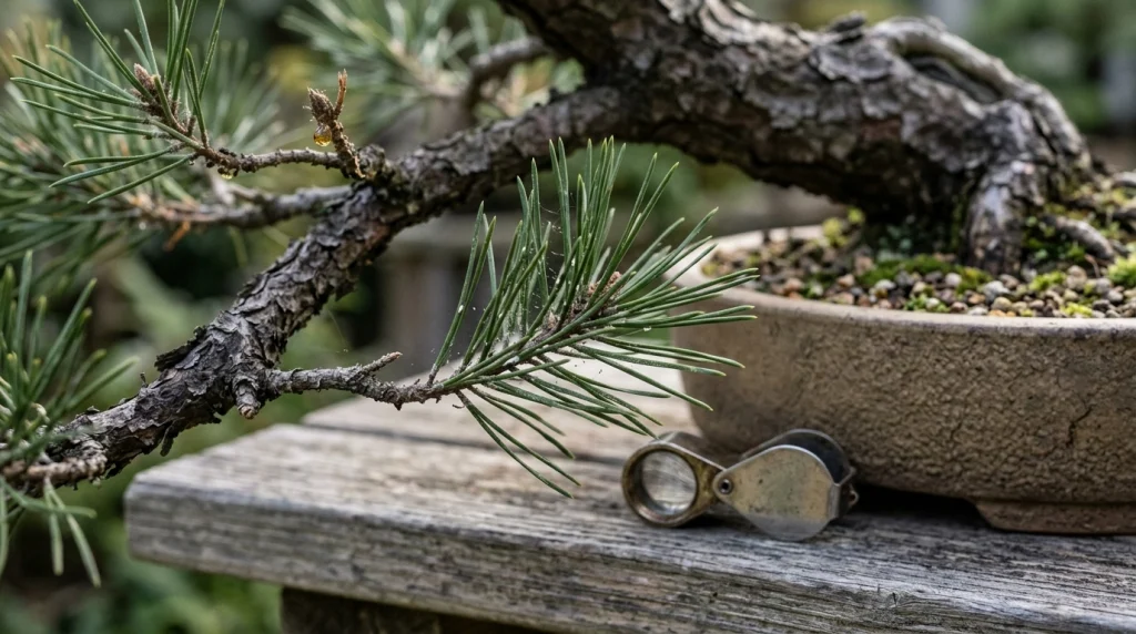 Close-up of pine bonsai needles showing subtle webbing and scale-like pest coverings.