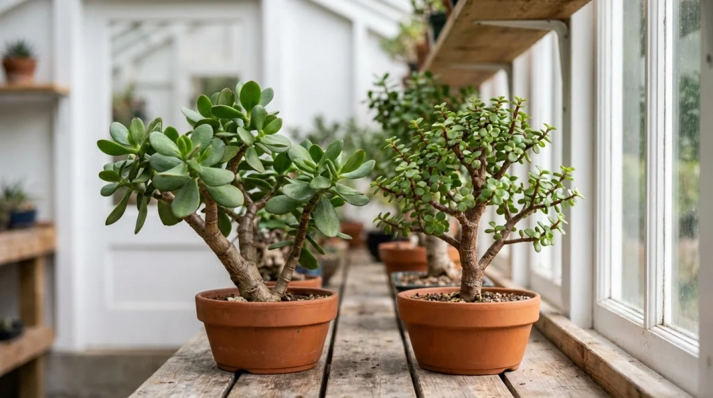 Side-by-side comparison of a Crassula ovata and a Portulacaria afra bonsai on a workbench.
