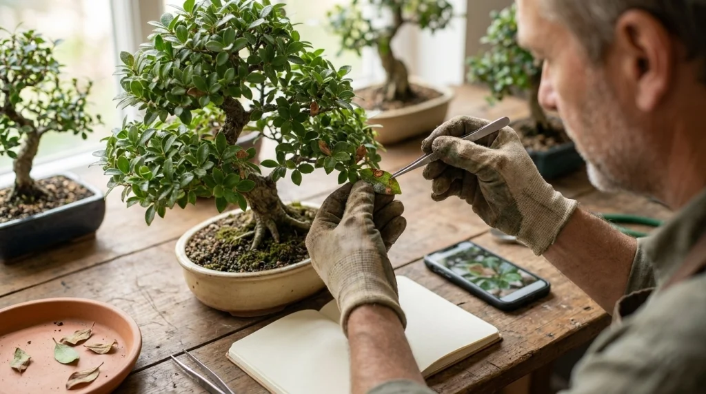 Bonsai grower inspecting spotted leaves while documenting symptoms and checking tree health.