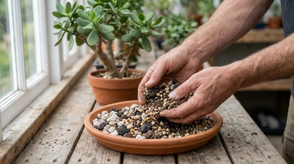 Hands mixing pale pumice, dark lava rock, and coarse mineral grit in a terracotta bowl.