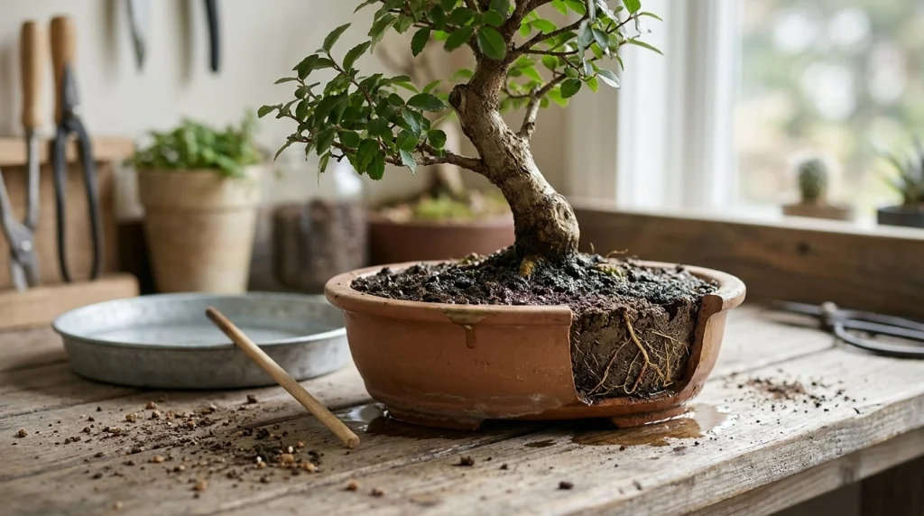 Saturated bonsai soil and compacted roots illustrate how overwatering leads to bonsai disease.