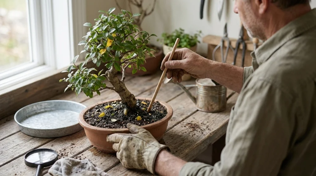 Bonsai grower checks soil moisture and drainage while treating an overwatered bonsai.