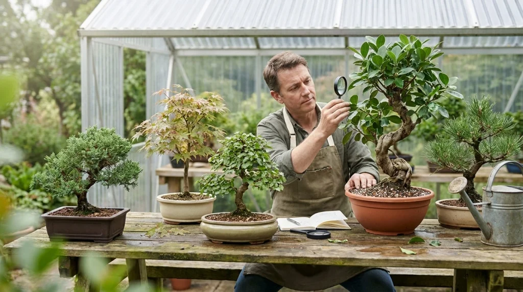Bonsai grower checks soil, foliage, and airflow across several species after humid weather.