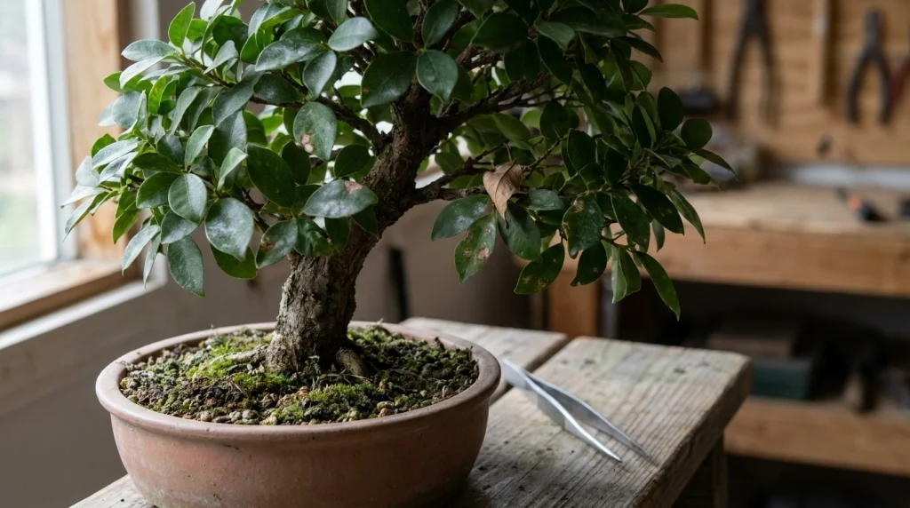 Hands inspect a bonsai leaf for brown spots while checking damp soil and airflow after rain.