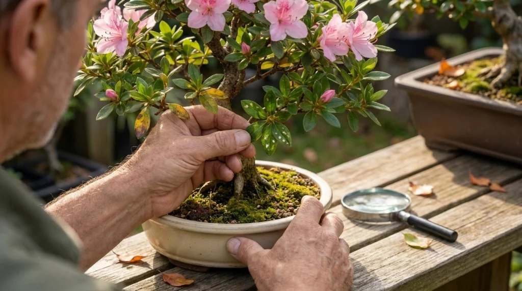 Close inspection of azalea bonsai leaves for pale speckles, distorted growth, and possible pests.