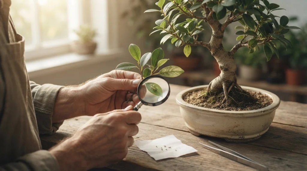 Close-up inspection of aphids and leaf damage on a ficus bonsai using a magnifying glass.