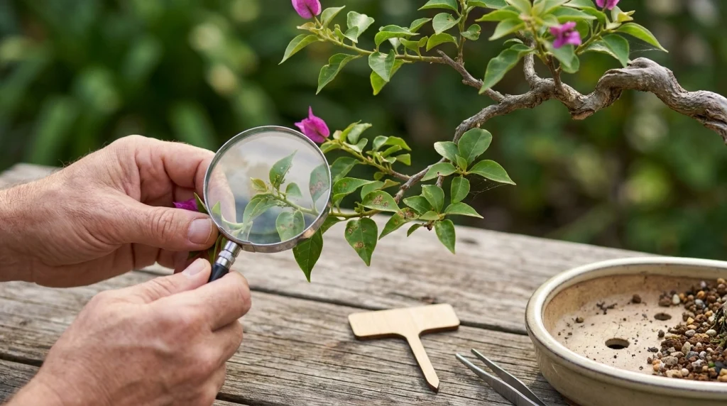Hands using a magnifying glass to inspect aphids and spotted leaves on a bougainvillea bonsai.