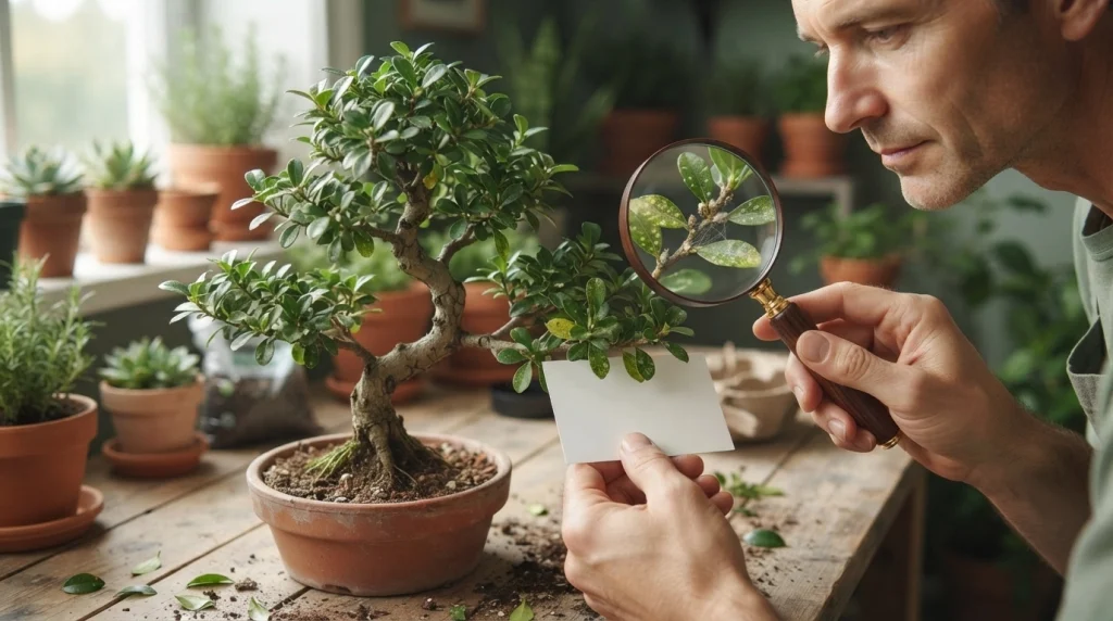Carmona bonsai pest inspection showing spider mite webbing, speckled leaves, and insects on stems.