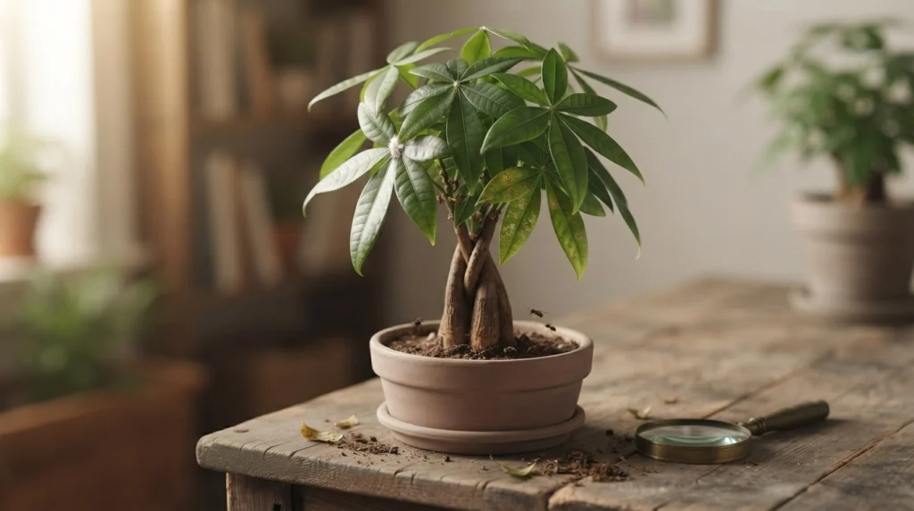 Money tree bonsai with subtle mealybugs and scale insects visible during a close inspection.