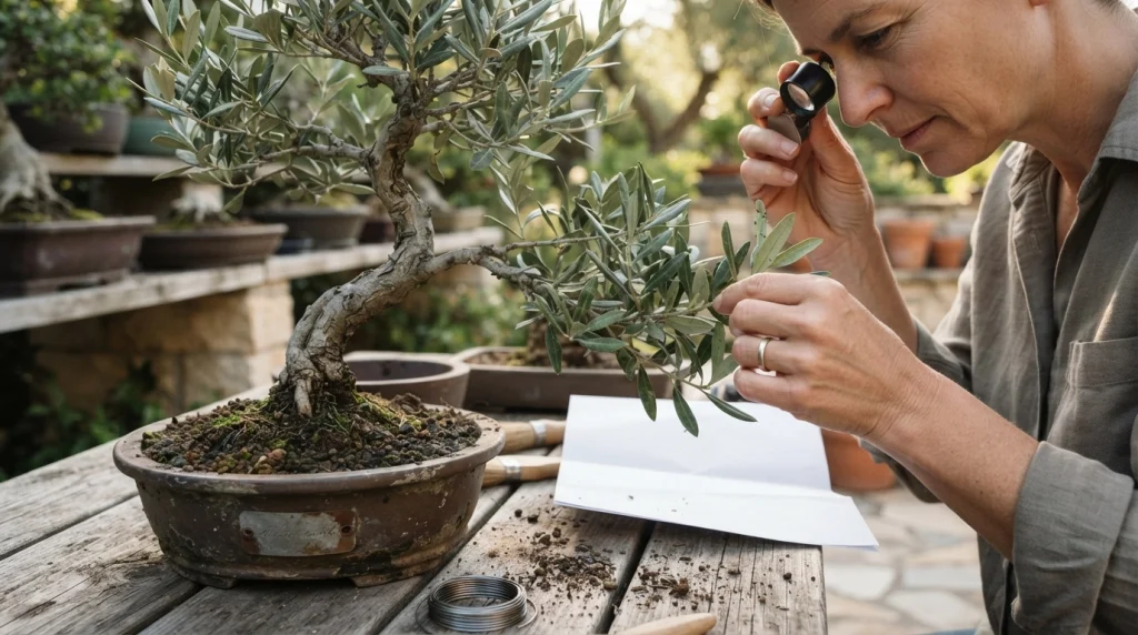 Olive bonsai inspection with a magnifying glass, white paper, and subtle leaf damage.