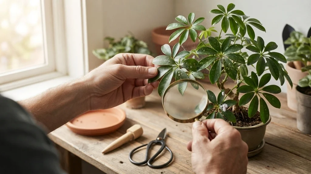 Close-up inspection of Schefflera bonsai leaves with a magnifying glass to identify possible pests.