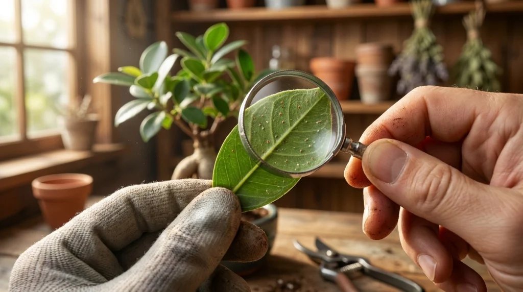A person using a magnifying glass to closely inspect the leaves of a Ficus bonsai tree.