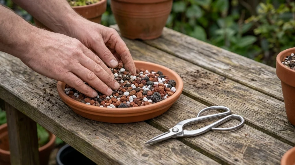 Hands mixing bonsai soil with akadama and pumice next to clean pruning shears.