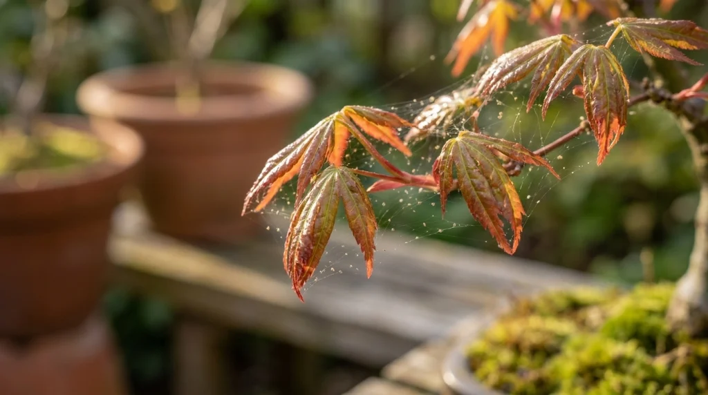 Close-up of a Japanese maple bonsai shoot showing fine webbing and curled leaves from pests.