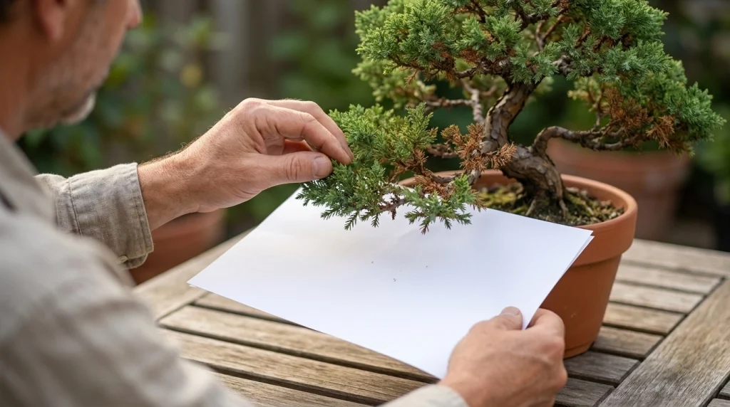 Hands holding white paper under a juniper bonsai branch to check for falling mites.