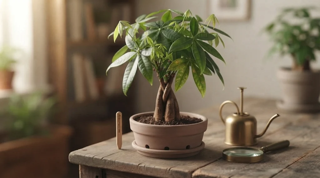 Recovering money tree bonsai with fresh green shoots, a braided trunk, and a well-drained pot.