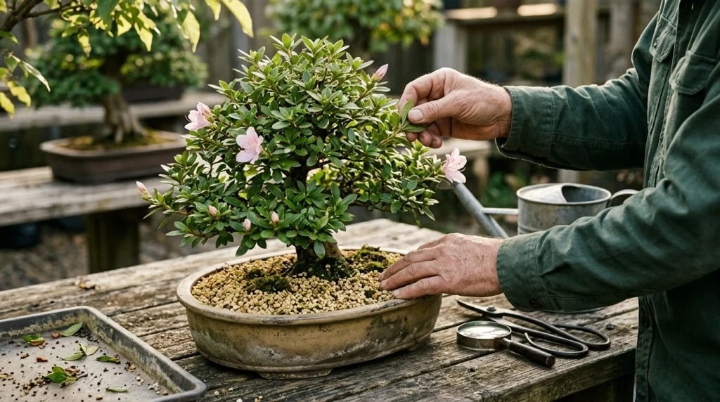 Healthy azalea bonsai inspected beside Kanuma soil, pruning scissors, and a watering can outdoors.