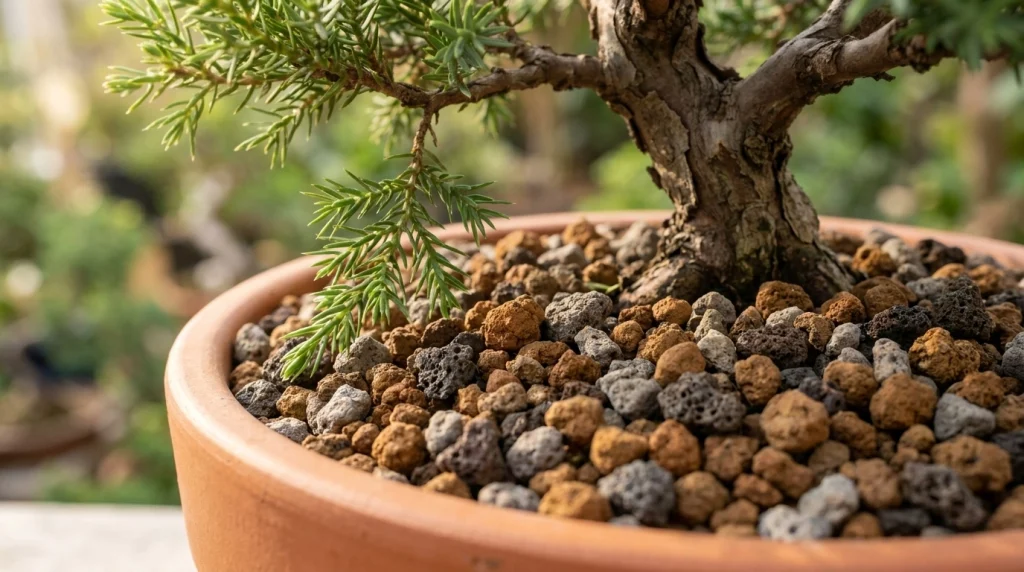 Close-up of well-draining granular bonsai soil at the base of a juniper tree trunk.