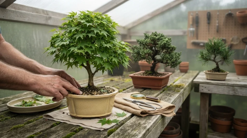 Healthy Japanese maple and juniper bonsai with clean tools, well-draining soil, and separated plants in a garden.