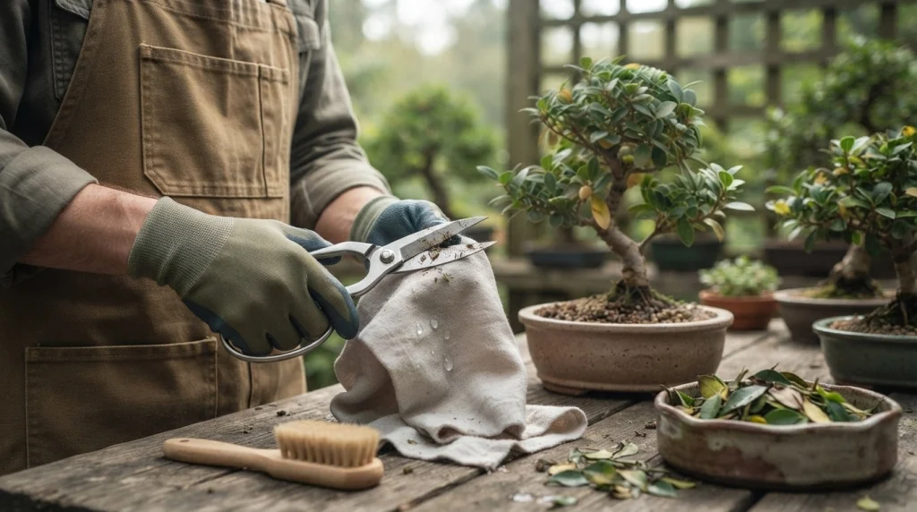 Gardener cleaning bonsai scissors beside an isolated tree to prevent cross-contamination.