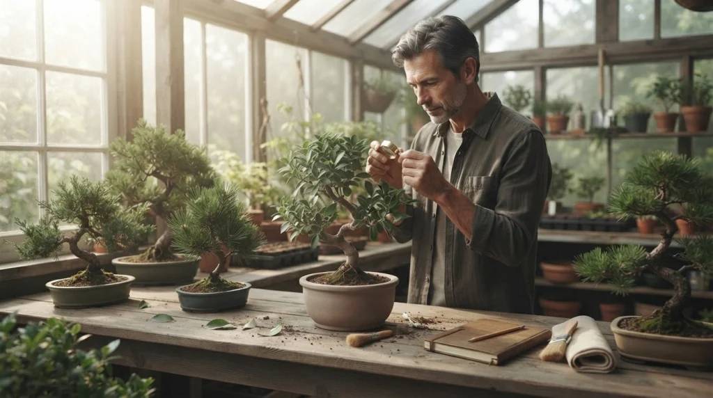 Gardener inspecting bonsai leaves while keeping a newly acquired tree separate from the collection.
