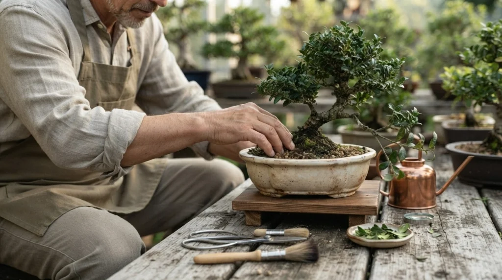 Healthy boxwood bonsai being inspected for moisture and maintained with clean gardening tools.