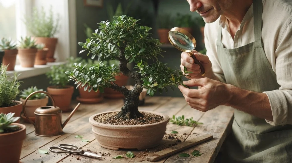 Healthy Carmona bonsai receiving preventive care with a magnifying glass, watering can, and clean tools.