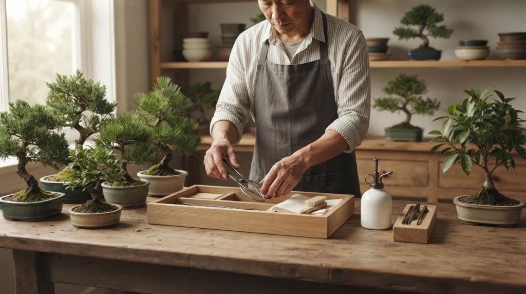 Bonsai enthusiast storing clean pruning shears beside separated affected and healthy bonsai trees.