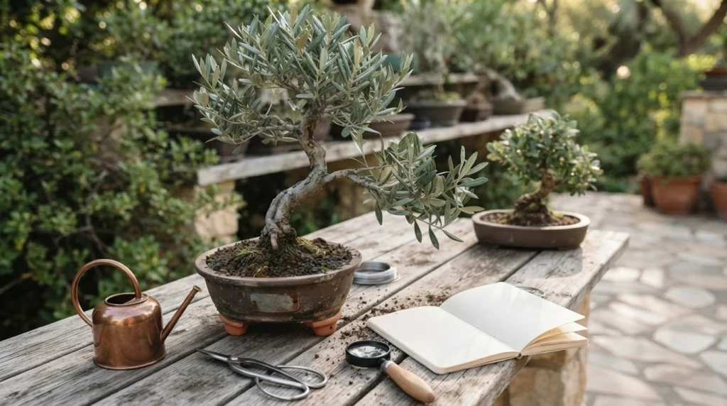 Healthy olive bonsai outdoors with clean pruning tools, watering can, and well-drained pot.