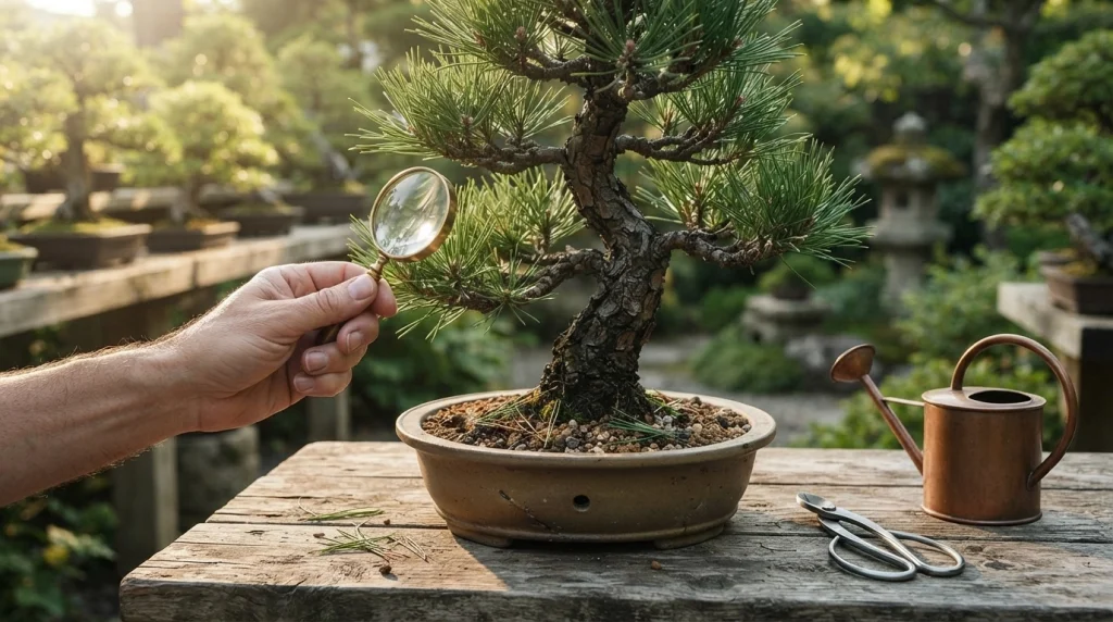 Healthy Japanese black pine bonsai outdoors with a gardener inspecting needles and well-drained soil.