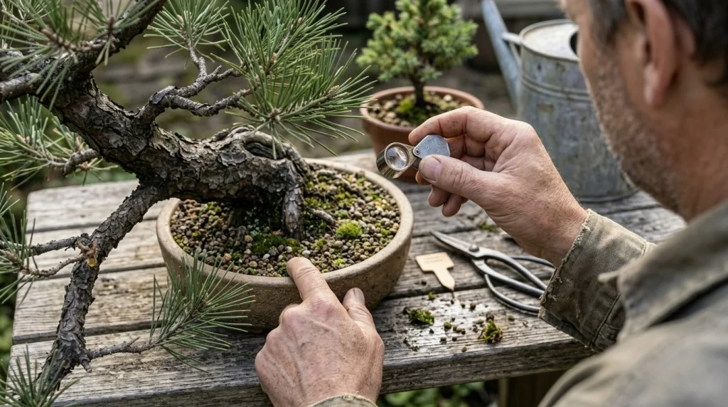 Hands inspecting pine bonsai soil and needles during a routine outdoor tree health check.
