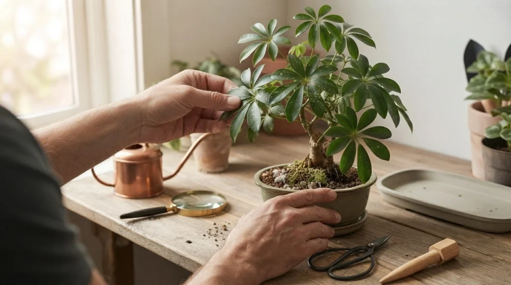 Healthy Schefflera bonsai beside watering and inspection tools in a bright indoor growing space.