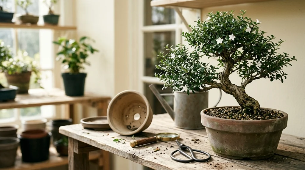 Healthy Serissa bonsai beside clean gardening tools in a bright, well-maintained growing area.