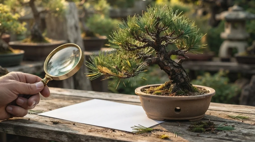 Close-up Japanese black pine bonsai inspection with a magnifying glass, green needles, bark, and white paper.