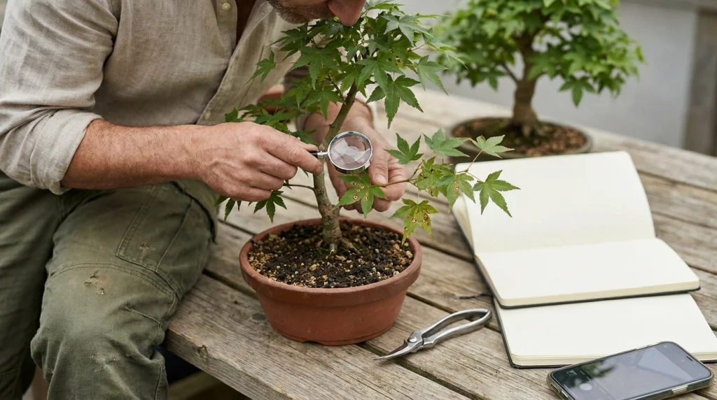 Bonsai grower examining spotted maple leaves with a magnifying glass before treating suspected fungal disease.