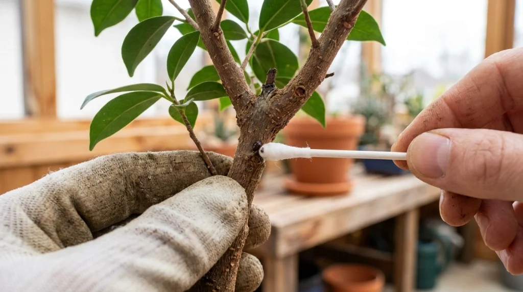 A close-up of a cotton swab being used to gently clean a Ficus bonsai branch joint.