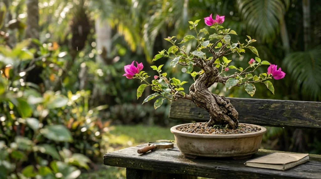 Recovering bougainvillea bonsai with fresh leaves and pink bracts in a well-drained pot outdoors.