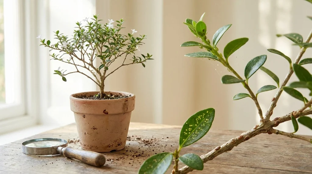 Serissa bonsai under close inspection for spider mites, aphids, and scale insects