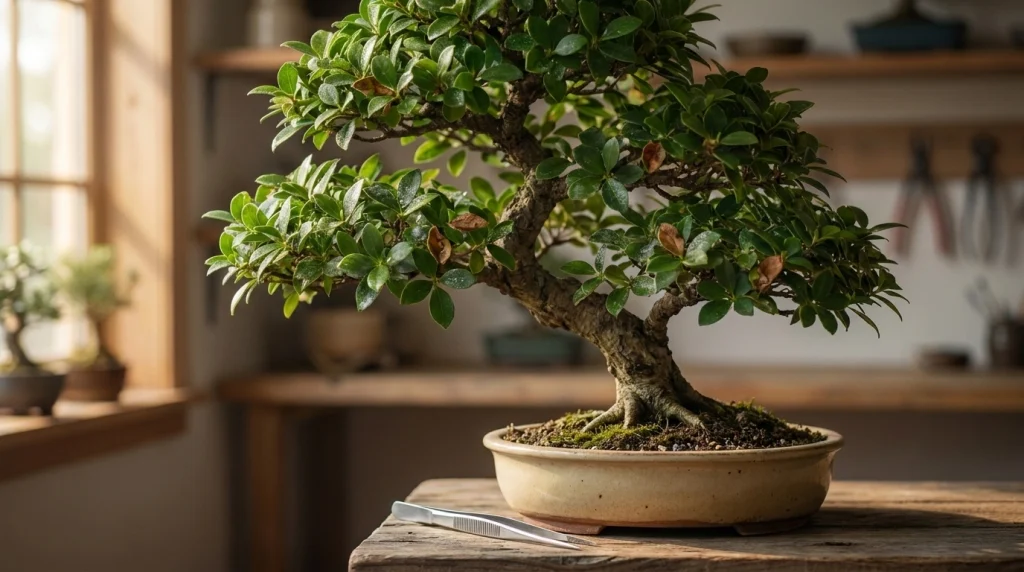 Dense bonsai canopy with damp inner leaves, leaf spots, and trapped dead foliage.