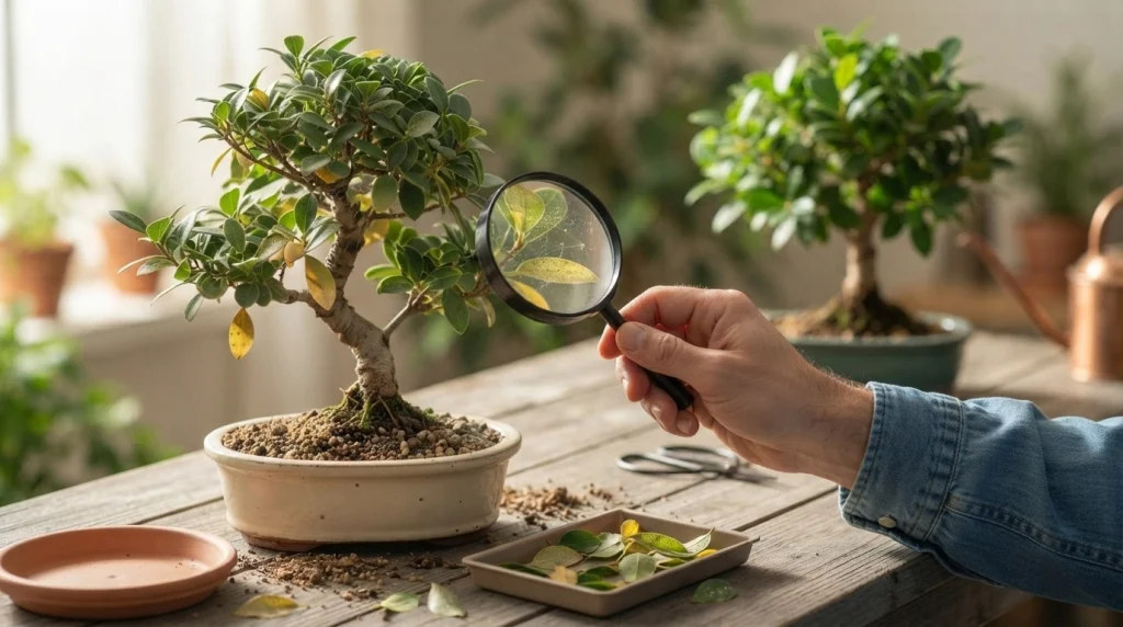 Bonsai enthusiast examining webbing and leaf damage on a potentially infected ficus bonsai.