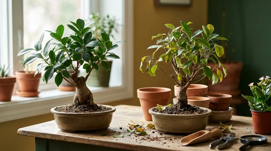 Two ficus bonsai illustrate how plant stress, crowding, and poor sanitation can increase pest risks.