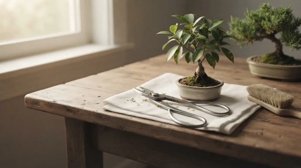 Bonsai shears beside a ficus with spotted leaves and a healthy bonsai, illustrating disease prevention.